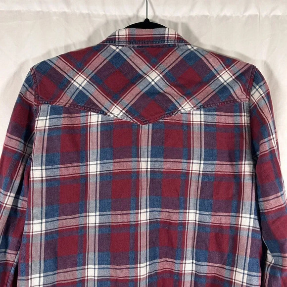 American Eagle Flannel Shirt Women's Small Blue Red Pearl Snap Boyfriend Long Sl - Picture 8 of 10